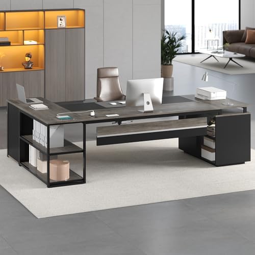 78" Executive Desk with Lockable File Cabinet, L Shaped Office Desk with Power Outlets, Large Executive Desk with Drawers and Storage Shelves , Reversible Computer Desk with Privacy Screen, Grey - Image 6