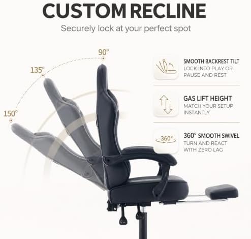 Office Desk Computer Gaming Chair for Adults, Ergonomic High Back Gamer Chair with Massage and Pocket Spring Cushion, Swivel Comfy Video Game Chairs with Footrest and Lumbar Support (Black) - Image 6