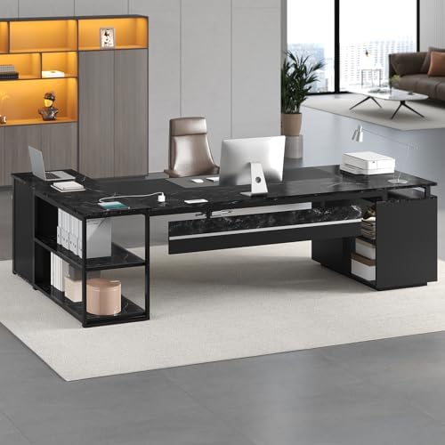 78" Executive Desk with Lockable File Cabinet, L Shaped Office Desk with Power Outlets, Large Executive Desk with Drawers and Storage Shelves, Reversible Computer Desk, Marble Grain - Image 6