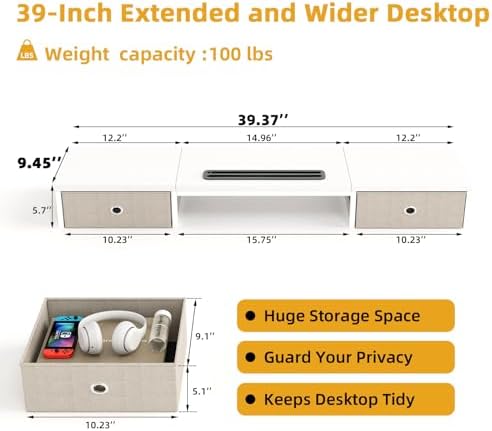 39 Inch Dual Monitor Stand Riser with 2 Drawers - Large White Wooden Computer Stand for 2 Monitors, Ergonomic Desk Organizer with Phone Holder, Desktop Storage for Laptop, Office Supplies, Home Office - Image 7
