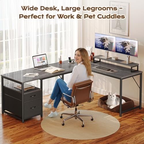 PRAISUN 63 Inch L Shaped Desk with Power Outlets and USB-C Port, Computer Corner Home Office Desk with File Fabric Drawers and Movable Monitor Stand, Larger Storage, Gaming, Writing, Work, Grey - Image 7