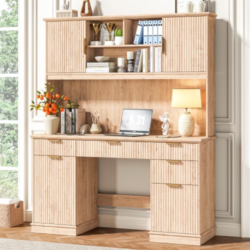 Vabches Farmhouse Executive Desk with 5 Drawers & 3 Storage Cabinets,Oak - Image 7