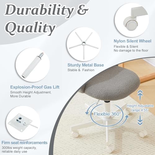 VINGLI Candy Chair Armless Cute Desk Chair,Comfy Small Office Chair with Wheels,Vanity Chair with Lumbar Support,Teddy Adjustable Rolling Swivel Computer Task Chair for Home Office,Bedroom,Muted Grey - Image 6