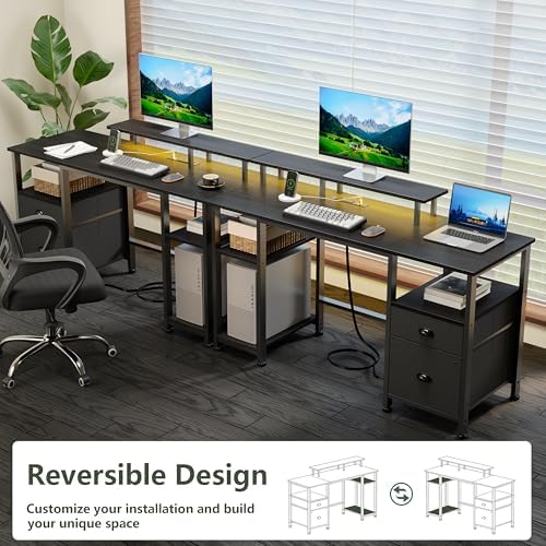 Furologee 51" Gaming Desk with Power Outlets & LED Lights, Reversible Computer Desk with File Cabinet & Monitor Stand for Home Office, Large Work Table with Storage Shelves & Drawer, Black - Image 7