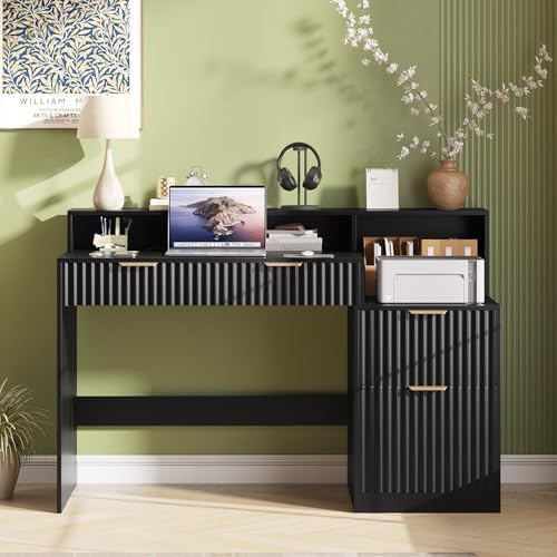 Vabches Fluted Computer Desk with Power Outlets, Home Office Desk with Drawers, Printer Stand, Wood Computer Desk with Long Monitor Stand, Black - Image 7