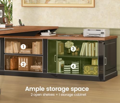 SEDETA Farmhouse L Shaped Desk with Drawers, 70.9" Home Office Desk with Storage Cabinet and Storage Shelves, L Shaped Computer Desk with Power Outlet,Black+Brown - Image 7