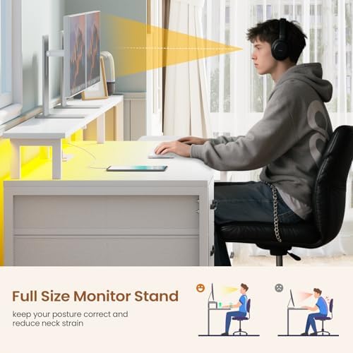 SEDETA Computer Desk with 5 Drawer, Power Outlet, Led Lights, White - Image 6