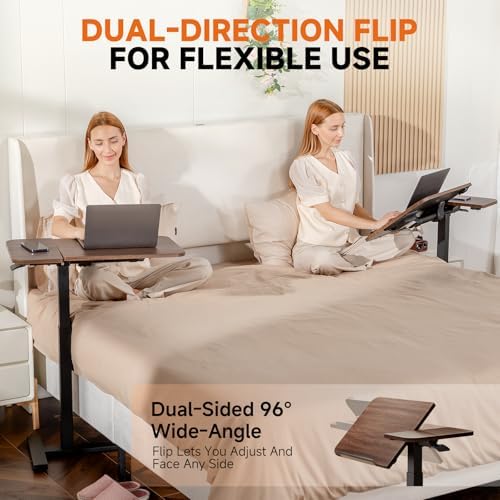 COMHOMA Tiltable Mobile Small Standing Desk, Pneumatic Adjustable Height Overbed Bedside Table with Wheels, Sit Stand Portable Rolling Laptop Desk Computer Workstations, Walnut - Image 6