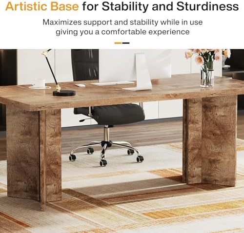Tribesigns 63-inch Executive Desk, Vintage Home Office Computer Desk with Large Tabletop, Farmhouse Wood Writing Conference Table Workstation for Office, Study, Light Oak Brown - Image 6