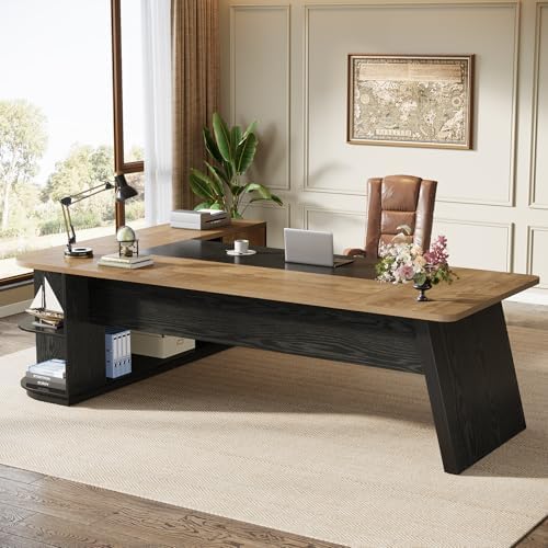 Tribesigns 79-Inch Executive Desk, Large Office Desk with Cabinet, L-Shaped Compter Desk with Storage Shelves, Writing Table for Home Office, Natural Oak and Black - Image 6