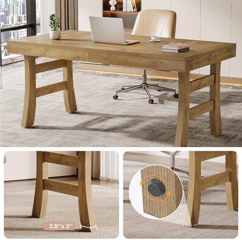 Tribesigns 63-Inch Executive Desk, Large Office Computer Desk with Sturdy Legs, Farmhouse Simple Workstation Writing Study Table for Home Office, Light Brown - Image 7