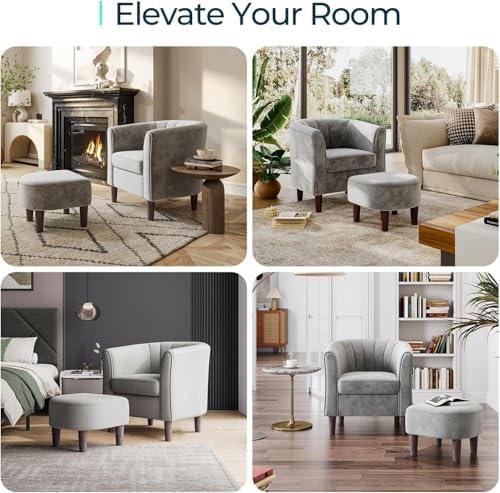 LINSY Accent Chair with Ottoman, Modern Barrel Chair Small Armchair Reading Chair with Footrest, Comfy Round Arms Chair for Living Room Bedroom Reading Room, Velvet(Grey) - Image 6