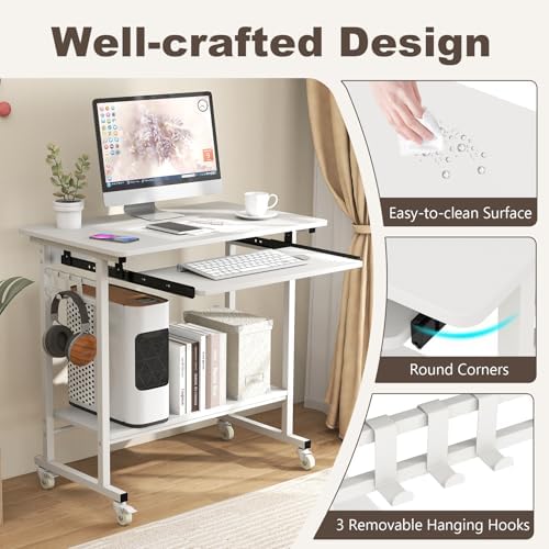 Tangkula Rolling Computer Desk Cart with Keyboard Tray, Mobile Portable Laptop PC Desk with CPU Stand & 3 Hooks for Sofa & Bed, Compact Small Desk on Wheels for Small Spaces (White) - Image 7