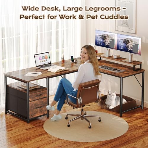 PRAISUN 55 Inch L Shaped Desk with Power Outlets and USB-C Port, Computer Corner Home Office Desk with File Fabric Drawers and Movable Monitor Stand, Larger Storage for Gaming, Study, Rustic Brown - Image 7