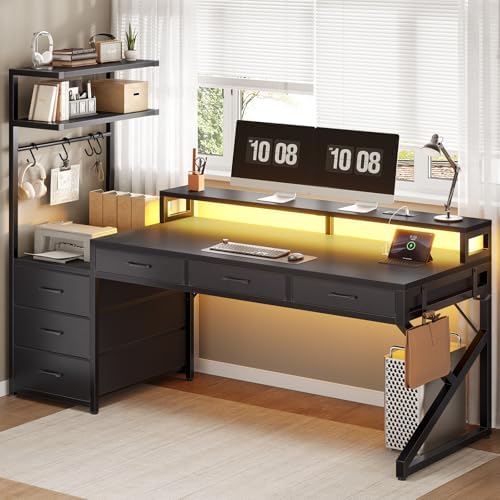 SEDETA 55" Gaming Desk with 6 Drawers and Hutch, Reversible, LED Lights - Image 6