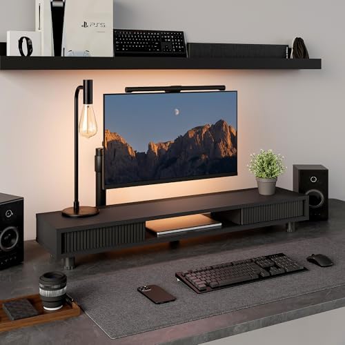 Fenge Dual Monitor Stand with Storage, Desk Shelf with Glass Sliding Door - Image 6