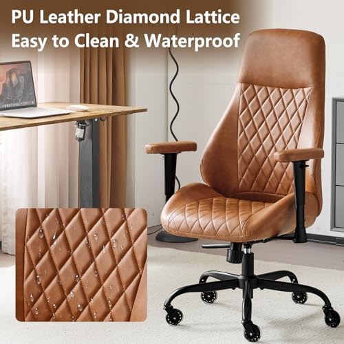 YFO Home Office Desk Chair High Back Office Rubber Casters Ergonomic Computer Chair with Lumbar Support Adjustable Height Rolling Swivel Chair Executive Task Armrests, Brown Leather - Image 6