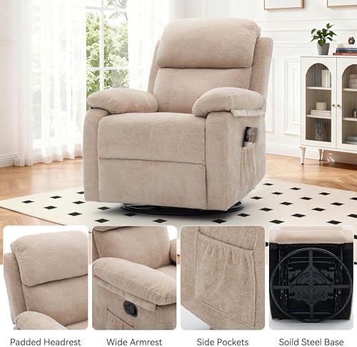 Korser Recliner Chair, 360 Swivel Rocker Chair for Adults, Small Rocking Recliner Chair for Small Spaces, Upholstered Chenille Fabric Glider Recliner Nursery Chair with Side Pockets for Living Room - Image 7