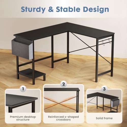 DUMOS L Shaped Computer Corner Desk with PC Stand, Black - Image 6