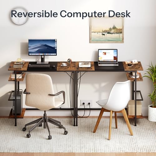 HOOBRO Small Computer Desk, 35.4 Inch Home Office Desk with Power Outlet, Writing Desk with 2 Shelves, Modern Small Desk for Home Office, Study, Easy to Assemble, Rustic Brown and Black BF43UDN01 - Image 6