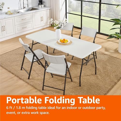 Amazon Basics Heavy Duty Portable Folding Table, 6 ft, Indoor & Outdoor, Fold-in-Half Design with Carrying Handle, White - Image 6