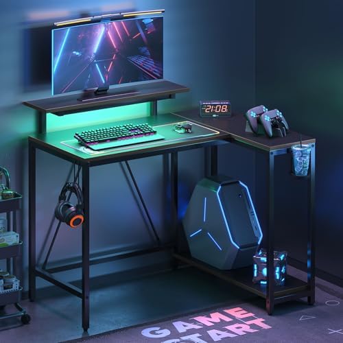 Pinmoco 42" Reversible L-Shaped Desk, Gaming Desk with LED Lights, Monitor Stand, Cup Holder and Headset Hook, Corner Work Station for Home Office, Study and Small Spaces, Carbon Fiber Black - Image 6