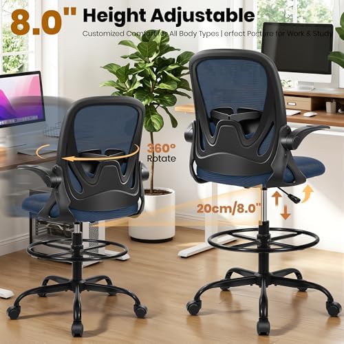 Primy Drafting Chair Tall Office Chair with Flip-up Armrests Executive Ergonomic Computer Standing Desk Chair with Lumbar Support and Adjustable Footrest Ring (Navy) - Image 7