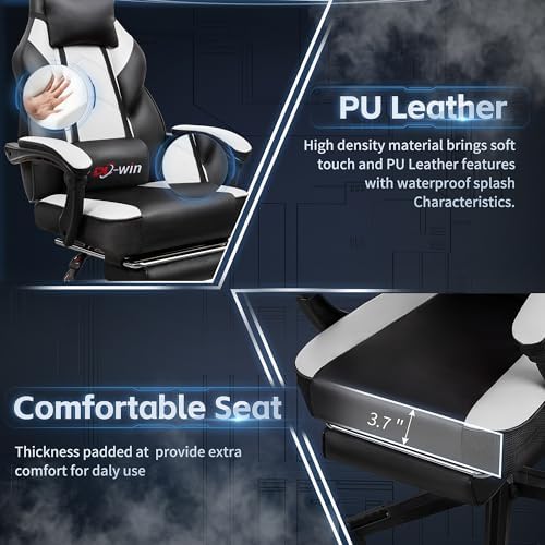 DL-win Video Gaming Chair for Adults, Computer Chair with Footrest and Ergonomic High Back, Big and Tall Gamer Chair with Massage Lumbar Support, 360° Swivel Height Adjustable Computer Chair, White - Image 6
