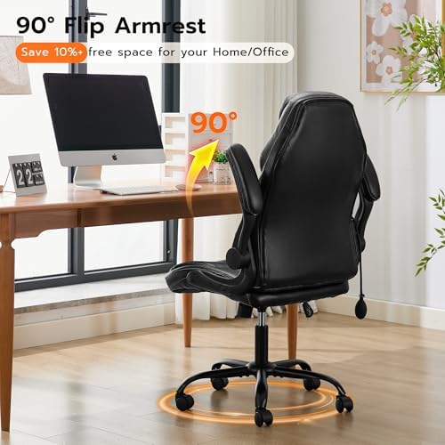 Ylzyxal Office Desk Chair, Ergonomic Computer Chair with Padded Flip-Up Arms and Adjustable Lumbar Support, PU Leather Executive Chair with Tilt Lock and 360° Swivel Rolling Wheels for Work, Study - Image 6