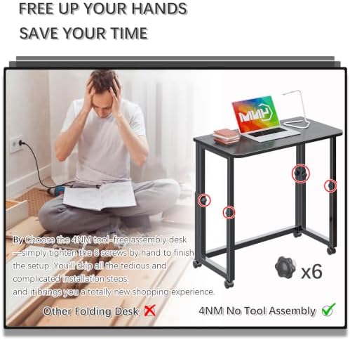 4NM No Tool Assembly 27.5" Small Desk, Folding Portable Desk with Wheels, Adjustable Height Foldable Computer Home Office Desks, Collapsible Study Writing Table for Space Saving Bedroom - All Black - Image 6