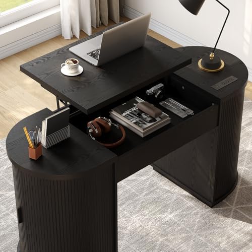 ONBRILL 59 Inches Office Desk with Lift Top, Fluted Executive Desk Black - Image 6