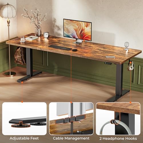 Huuger 78.7'' x 29.5'' Large Electric Standing Desk, Height Adjustable Computer Desk, 29.5" Deep Desktop, Stand up Gaming Office Desk with 2 Hooks, 3 Preset Heights, for Home Office, Rustic Brown - Image 7