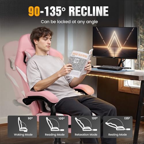 GTPLAYER Gaming Chair with Pocket Spring Cushion, Leather Office Chair with Ergonomic High Back & Lumbar Support for Back Pain Relief, Computer Game Chair for Adults, Pink - Image 7