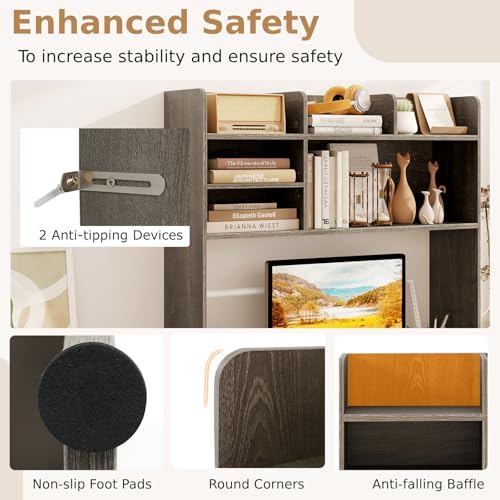 BECOMFORT Desk Hutch, Desk Organizer Shelf w/ 6 Storage Compartments, up to 32” Monitor, Wooden Display Rack, Desktop Bookshelf for Vanity Dressing Tabletop College Dorm Home & Office - Image 7
