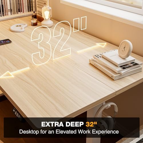 Grandder 55x32 Large Electric Standing Desk, Height Adjustable Computer Desk with 2 Memory Presets, 31.5" Deep Desktop Sit Stand Desk Home Office Desk Workstation Table with Hooks, Light Walnut - Image 6