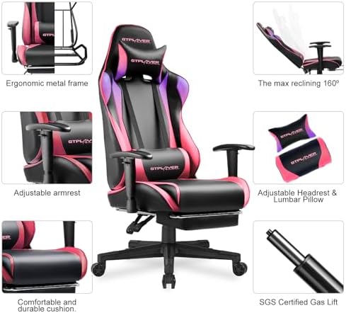 GTPLAYER Gaming Chair with Footrest, Ergonomic Computer Game Desk Chair, Reclining Gaming Chair Seat Height Adjustment, Swivel Rocker with Headrest and Lumbar (Colorful) - Image 6