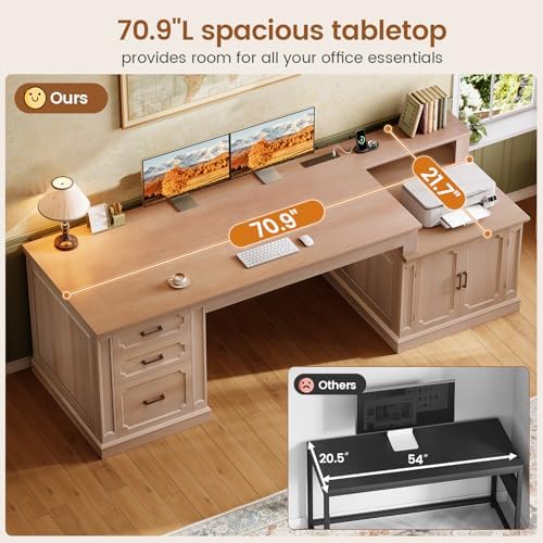 SEDETA Farmhouse 70.9" Executive Desk, Home Office Desk with File Drawers and Storage Cabinet, Computer Desk with Power Outlet for Home Office, Work Study Writing, Oak - Image 7