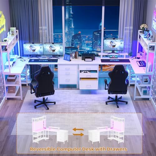 Aheaplus L Shaped Gaming Desk with Hutch, Gaming Desk with Led Lights, Reversible Computer Desk with Power Outlet, Corner Desk with File Drawer & Monitor Stand, Storage Shelves for Home Office, White - Image 6