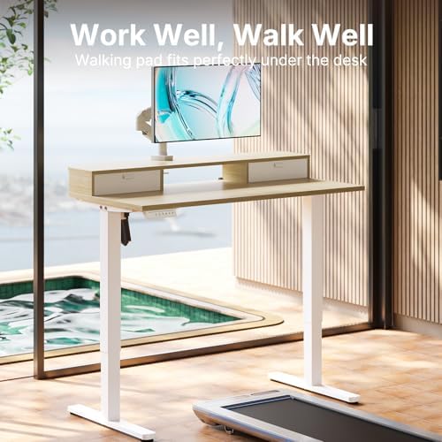 HUANUO 47.2" X 23.6" Electric Standing Desk with 2 Drawers, C-Clamp Mount Compatible, Height Adjustable Computer Desk, Home Office Stand Up Desk with 4 Preset Heights & 2 Hooks, Light Walnut - Image 6