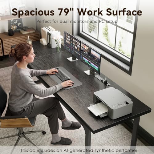 Coleshome 79 Inch Long Computer Desk with Power Outlet, Thicker Desktop & Legs, Large Heavy Duty Office Desk for Home Office & Gaming, Black - Image 6