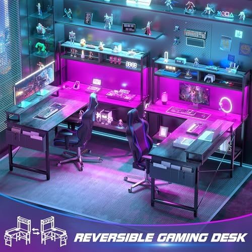 Aheaplus L Shaped Gaming Desk with Power Outlets & LED Lights, Black Oak - Image 7