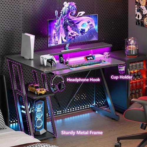 Korfile 40 Inch Gaming Desk with Power Outlet, LED, Carbon Fiber Black - Image 6