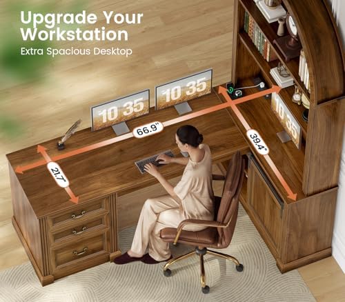 SEDETA 67" L Shaped Desk with Tall Arched Bookshelf & 3 Drawers Storage - Image 6