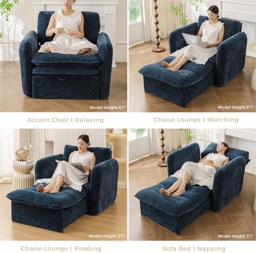 42'' 3-in-1 Sleeper Chair,Oversized Accent Chair,Storage Seat,Chenille,Blue - Image 6