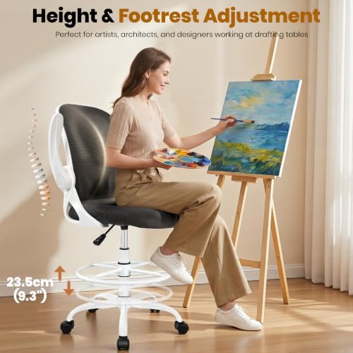 Primy Ergonomic Drafting Chair with Flip-up Armrests Tall Office Chair for Standing Desk Comfortable Desk Chair with Adjustable Footrest Ring and Lumbar Support in Gray Perfect for Home (White) - Image 6
