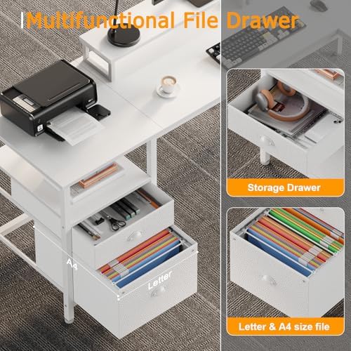 Furologee White 59” L Shaped Desk with Power Outlet, Reversible Computer Desk with File Drawer & 2 Monitor Stands, Corner Home Office Table with Storage Shelves for Gaming Writing - Image 7