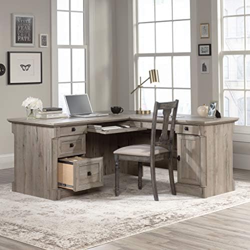 Sauder Palladia L Shaped Desk with Drawers, Office Desk with File Cabinet Storage, Cable Management, Keyboard Tray, in Split Oak finish - Image 6