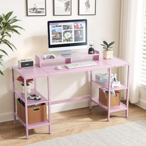 MINOSYS Computer Desk 55-inch with Storage Shelf - Pink Ideal Gaming Desk for Bedrooms, Small Spaces, and Home Offices Modern Writing Desk for PCs. - Image 6