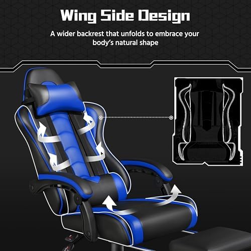 Yaheetech Gaming Chair with Footrest Massage Lumbar Pillow Black and Blue - Image 7
