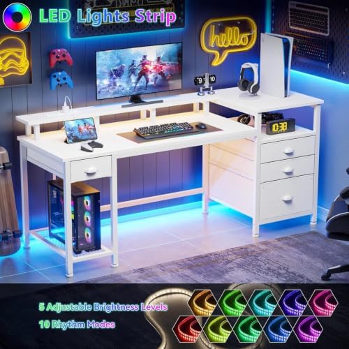 Furologee 60" White Computer Desk with 4 Drawers, Power Outlet, LED Lights - Image 6
